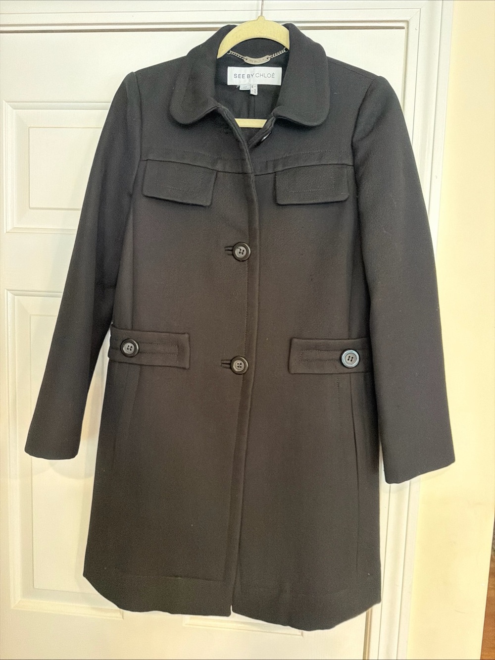 See By Chloe Women's Black Wool Overcoat Single-Breasted Coat Size 2